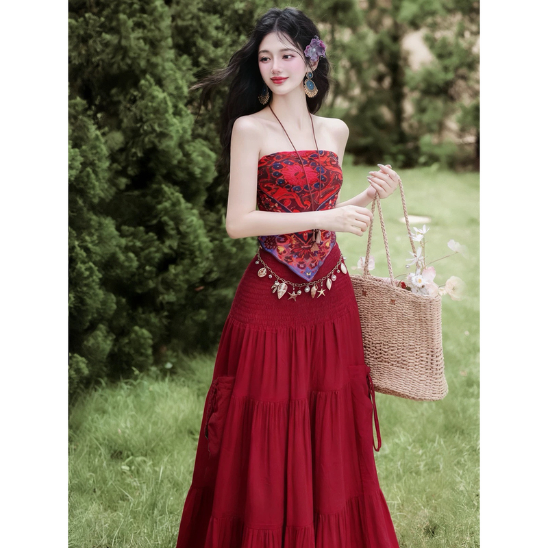 Yunnan Travel Outfit for Women, Summer Bohemian Exotic Style Hollow-Out Cardigan, Tube Top, and Skirt Three-Piece Set