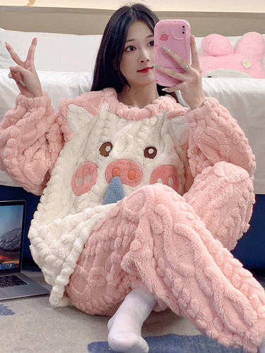 Коралловая бархатная зимняя шерстяная пижама, милый фланелевый демисезонный лонгслив, комплект, увеличенная толщина