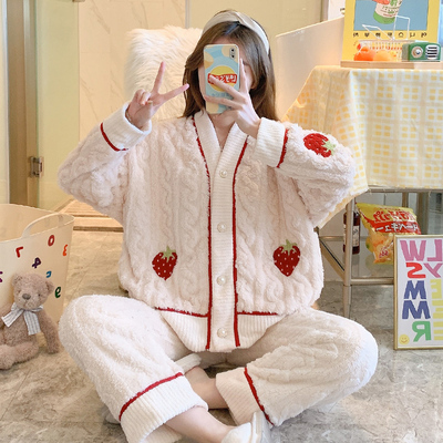 taobao agent Winter coral velvet pijama, cute keep warm flannel set, homewear, long sleeve, increased thickness