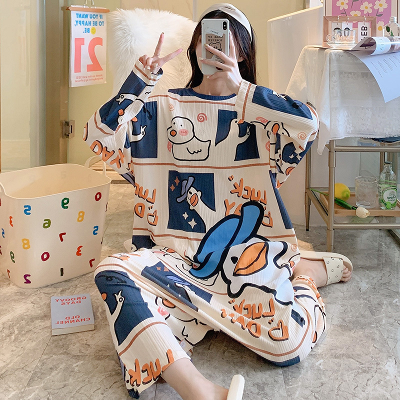 Cotton nightdress women's spring and autumn long-sleeved cute cartoon student cotton loose jumpsuit pajamas autumn and winter home clothes