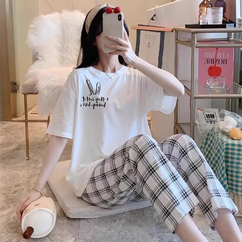 Spring and Autumn Pajamas for Women, Summer Thin Pure Cotton Short-Sleeved Long Pants Two-Piece Set, Loose Cotton Casual Women's Home Wear