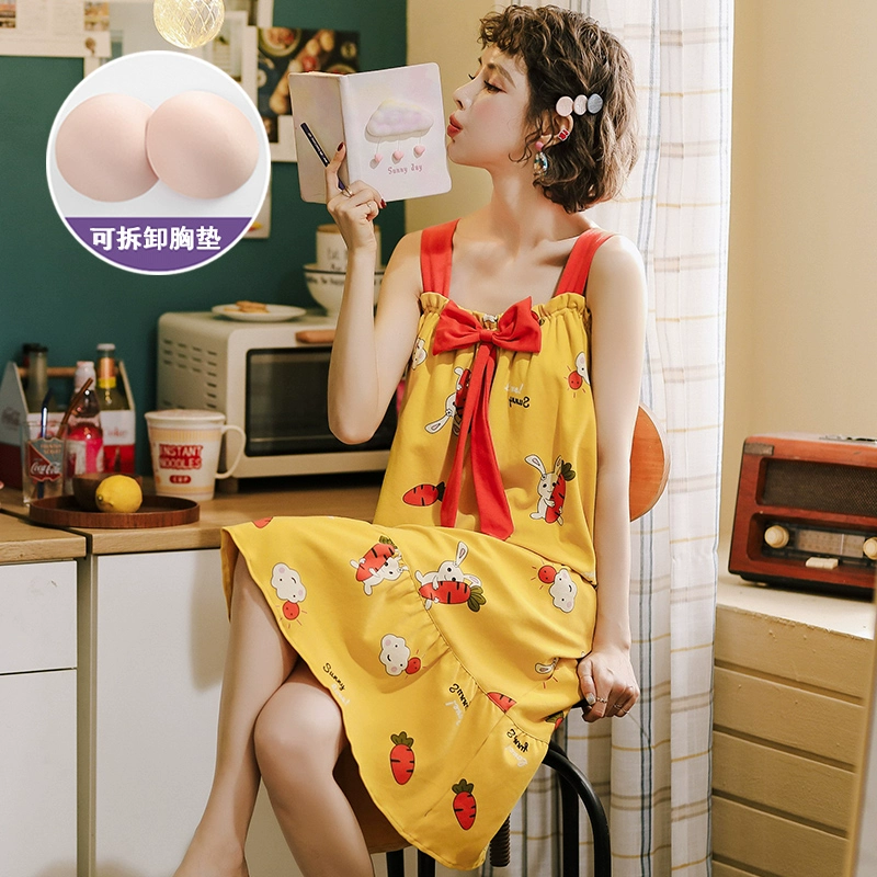 Váy ngủ nữ mùa hè mỏng cotton cô gái dễ thương địu ngực đệm nhà dịch vụ mùa hè cotton lỏng lẻo phụ nữ mang thai đồ ngủ - Đêm đầm