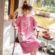 Váy ngủ nữ mùa hè mỏng cotton ngắn tay sinh viên dễ thương Hàn Quốc đồ ngủ nữ cỡ lớn rộng rãi bộ đồ ngủ mùa xuân và mùa thu dịch vụ tại nhà - Đêm đầm
