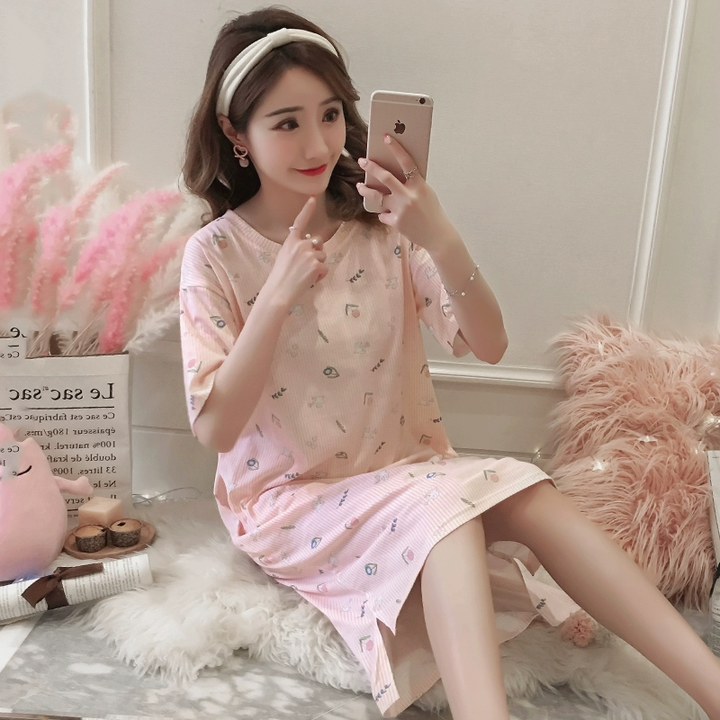Váy ngủ nữ mùa hè cotton ngắn tay sinh viên phần mỏng cotton dễ thương phụ nữ mang thai lỏng lẻo cộng với kích thước đồ ngủ mùa hè tại nhà - Đêm đầm
