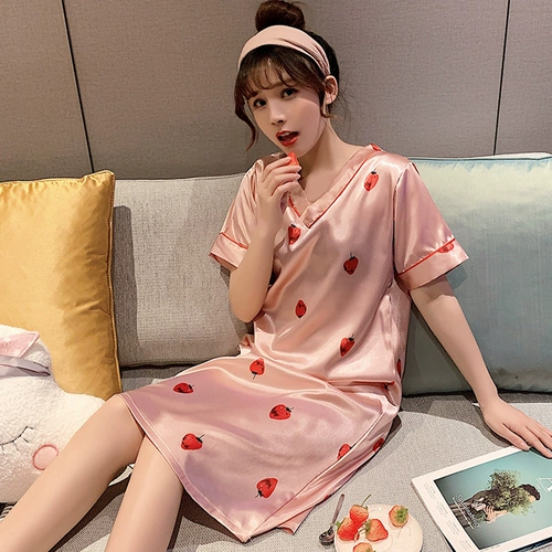 Весенняя летняя шелковая пижама, платье, короткий рукав, оверсайз, большой размер