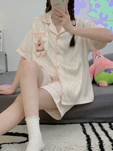 Шелковая пижама, милый летний мультяшный осенний комплект, короткий рукав