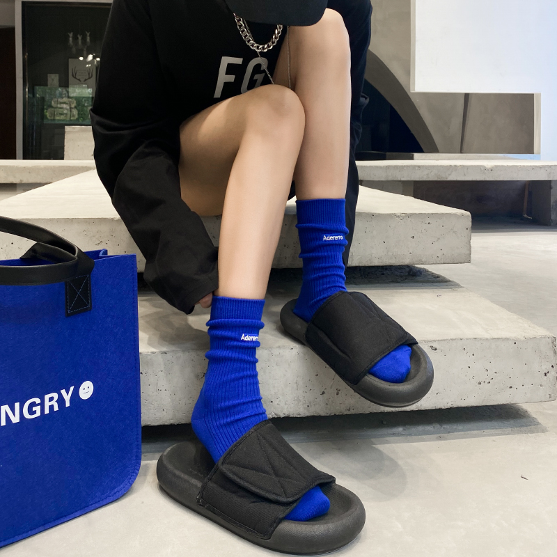Uinxxader Socks for Men and Women, Basic Style, Klein Blue Double-Needle Embroidered Logo, ins Korean Trendy Brand Mid-Calf Socks, Cotton