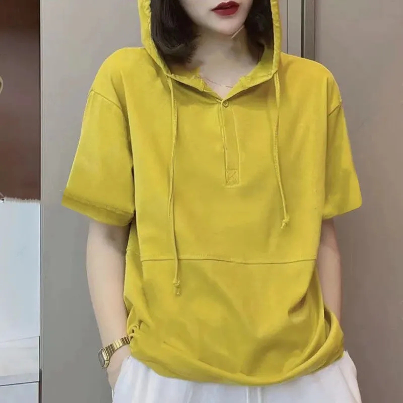 Plus-Size Fashionable Pure Cotton Patchwork Loose Slimming Age-Reducing Thin Hooded Sweatshirt T-Shirt Short-Sleeved Women's Solid Color Top