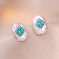 Earrings for women retro natural freshwater pearl ins silver needle turquoise earrings fashionable drop-shaped original Japanese and Korean earrings