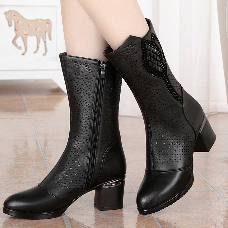 European Station 2025 New Genuine Leather Women's Mid-Calf Boots, Spring and Autumn Single Boots, High-Heeled Hollow Boots, Women's Summer Sandals