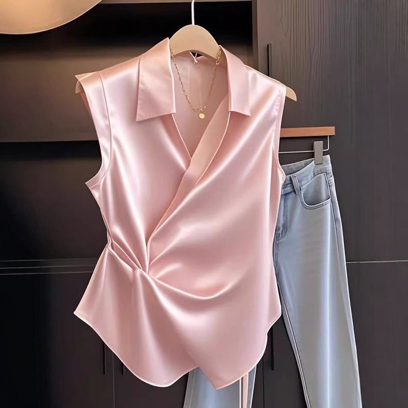 French-Style Satin Lapel Sleeveless Shirt for Women, Summer Design with Irregular Waist-Cinching, Slimming Tank Top, Trendy French-Style Satin Lapel Sleeveless Shirt for Women, Summer Design with Irregular Waist-Cinching, Slimming Tank Top, Trendy