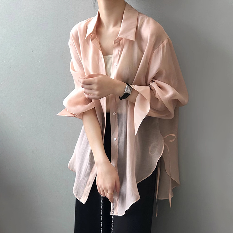 Pink Ice Silk Chiffon Sun Protection Shirt for Women, Summer Thin Gauze Outerwear with Side Slit Tie-Up Cardigan, Casual Cover-Up Top