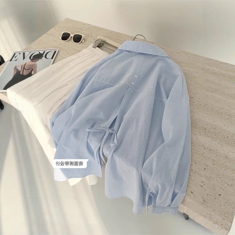 Blue Striped Sun Protection Shirt with Back Tie for Women, 2026 Summer Thin Loose Casual Lazy Style Top Jacket Blue Striped Sun Protection Shirt with Back Tie for Women, 2026 Summer Thin Loose Casual Lazy Style Top Jacket