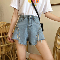 Nail beads denim shorts womens 2021 new summer Korean version of high waist loose size wide legs thin a word hot pants