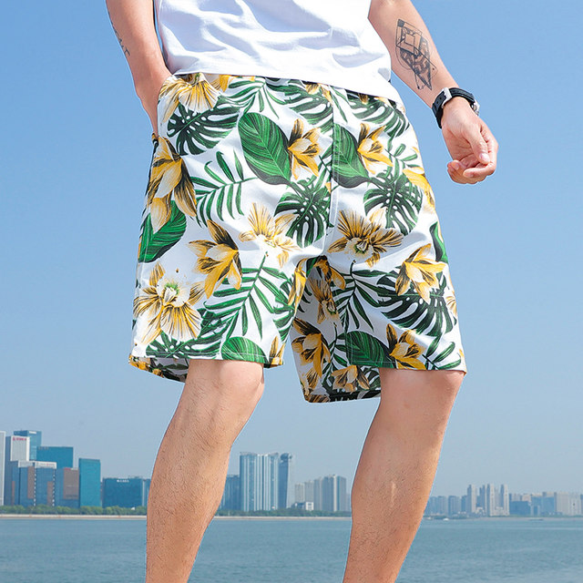 Summer loose fast dry sleep pants Men's beach pants sports penta flower shorts casual seven -point big pants swim trousers men