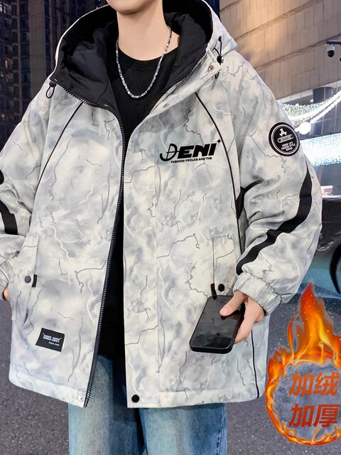 Tie-dye jacket for boys in autumn and winter plus velvet and thickened student hooded men's student teenagers handsome loose jacket