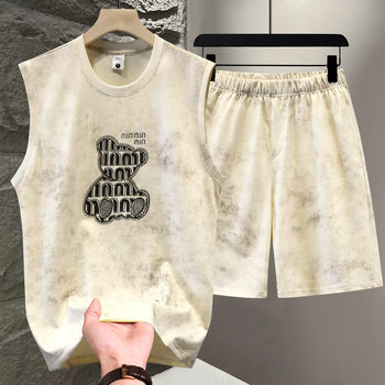Ice Silk Cotton Tie-Dye Men's Suit Summer Casual Light Luxury Sports Vest Men's Fashion Bear Sleeveless T-Shirt Shorts