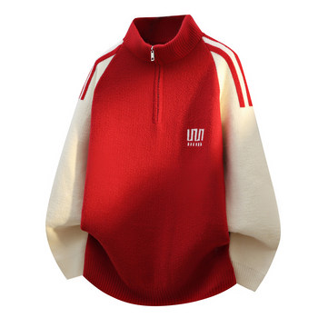 Bright Red Half-Turtleneck Sweater for Men, Winter Edition, Year of the Horse, Integrated Fleece, Thickened Stand-Up Collar, Student Base Layer Knitwear