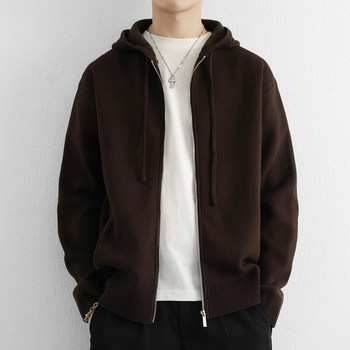 Pure Cotton Hooded Sweater Jacket for Men, High-End Spring and Autumn Trendy Knitted Cardigan Jacket, Loose and Lazy Style Wool Sweater
