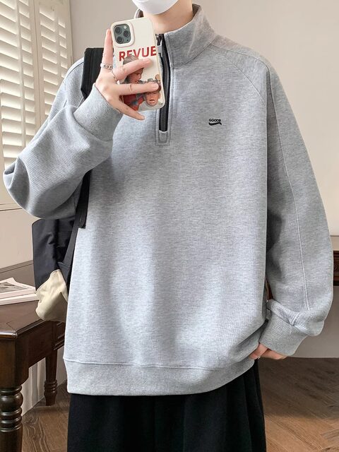 Half-Zip Sweatshirt for Men, Autumn and Winter, Fleece-Lined, Thickened, High-Neck, Long-Sleeve Base Layer, Raglan Sleeve, Sports Top