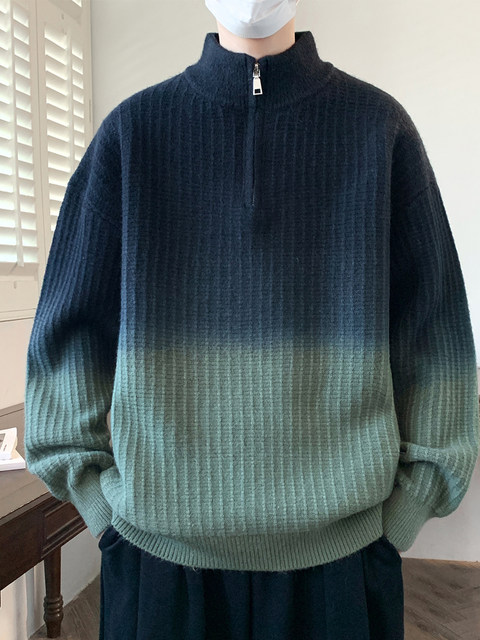 Gradient color sweater men's autumn and winter loose trendy brand half-zip turtleneck thickened warm knitted sweater for teenagers