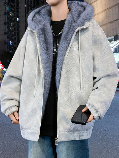 Deerskin fur collar hooded jacket men's winter velvet thickened loose jacket teenagers cold-proof warm jacket