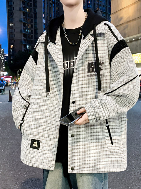 Fake two-piece plaid jacket for men in spring and autumn, youth design, trendy brand, removable hooded jacket, men's casual top