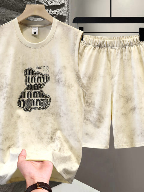 Ice Silk Cotton Tie-Dye Men's Suit Summer Casual Light Luxury Sports Vest Men's Fashion Bear Sleeveless T-Shirt Shorts