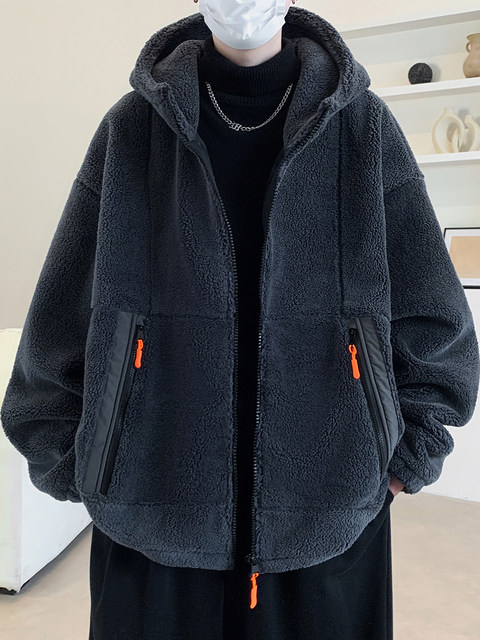 Lamb fleece jacket men's autumn and winter velvet thickened jacket cotton jacket men's hooded trendy brand warm and cold-proof clothes