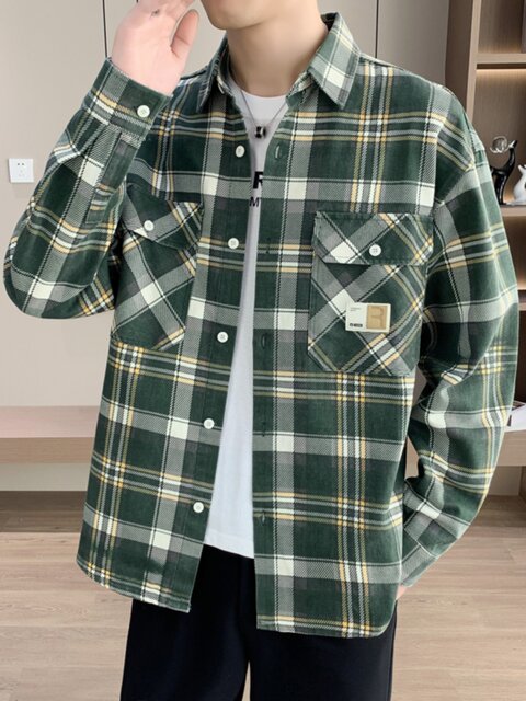 High-end spring and autumn men's shirts, jackets, workwear, washed cotton texture, student plaid tops, base shirts