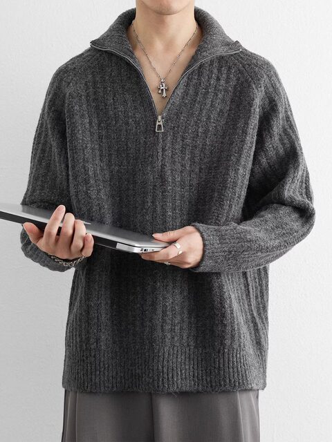 Cardigan Japanese simple half-zip turtleneck sweater for men in winter warm and versatile casual thickened knitted can be worn outside