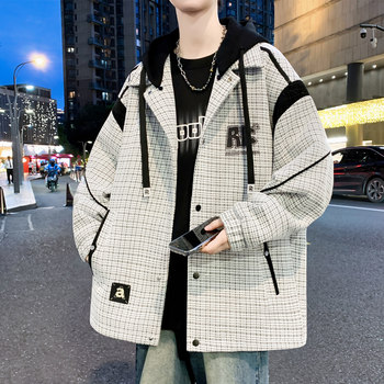 Fake Two-Piece Plaid Jacket for Men, Spring and Autumn, Youth Design, Trendy Brand, Detachable Hood, Casual Jacket for Men