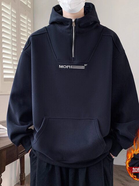 Teenagers' Heavyweight Hooded Fleece-Lined Thick Sweatshirt for Men, Autumn and Winter Trendy Brand Half-Zip Niche Design Jacket