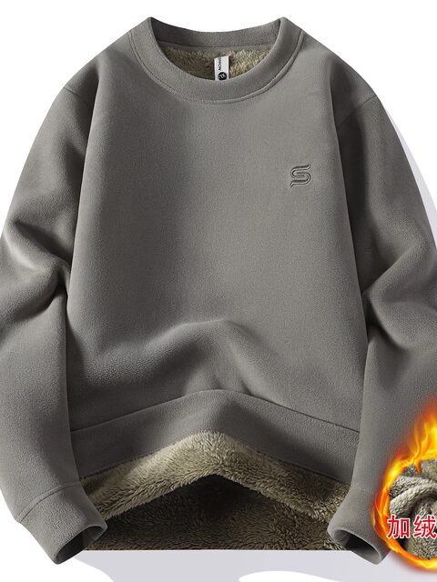 One-piece velvet men's sweatshirt winter 2025 new style plus velvet thick warm inner layer youth fleece bottoming shirt top