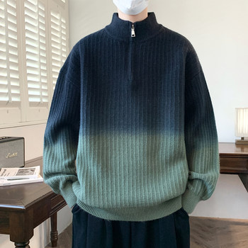 Gradient Color Sweater for Men, Autumn and Winter, Loose Fit, Trendy Brand, Half-Zip, High Collar, Thickened, Warm Knitwear