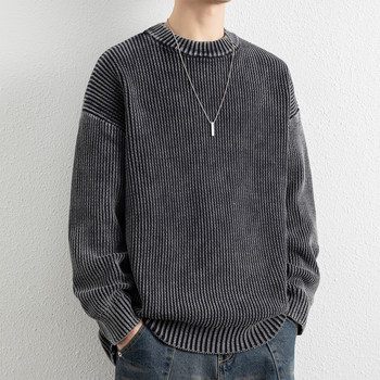 Retro Cotton Round Neck Knitwear for Men, Autumn and Winter Style, Heavy Imitation Denim, Distressed, Loose Pullover Knitwear Top