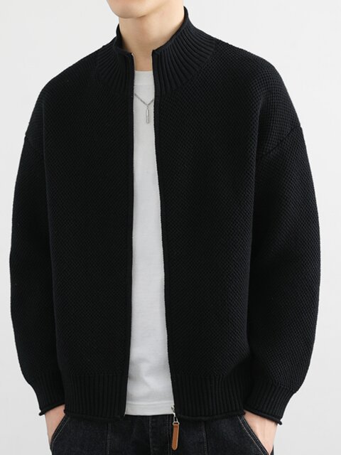 American-Style Trendy Brand Stand-Up Collar Cardigan Jacket for Men, Spring and Autumn, High-End, Heavyweight, Loose, Stylish, Fleece-Lined Knit Jacket for Men