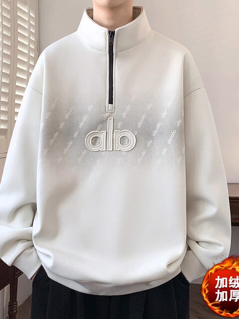 Gradient Fleece Sweatshirt for Men, Autumn and Winter Style, American-Style Loose Fit, Half-High Collar, Zip-Up Top, Thickened Warm Jacket for Teenagers