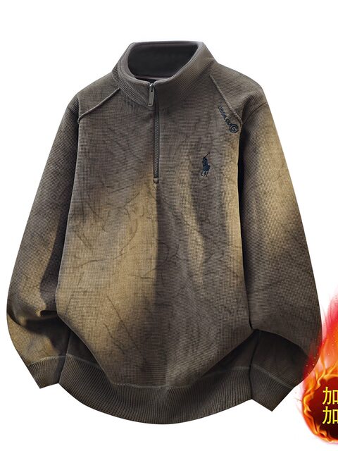 Men's Tie-Dye Sweater with Integrated Fleece, Thickened for Autumn and Winter, Half-Open Placket, Stand Collar, Warm Base Layer, Winter Top for Men