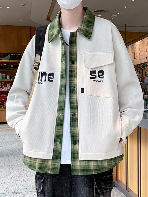 Fake two-piece jacket men's spring and autumn 2025 new plaid shirt-style jacket boys and teenagers workwear tops