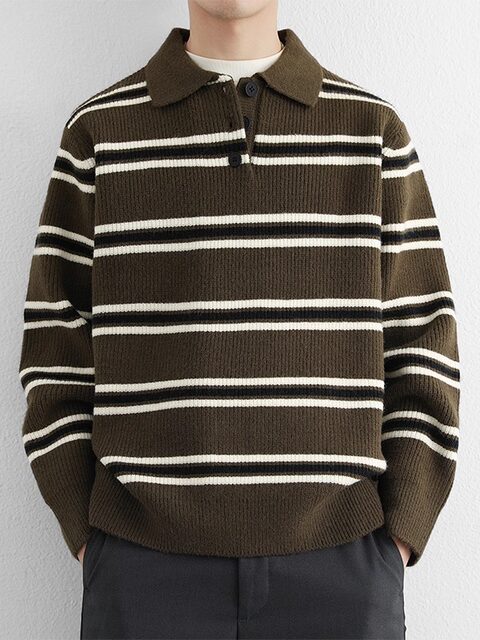 American retro striped POLO collar sweater for men in autumn and winter loose couple lapel long-sleeved sweater top thickened