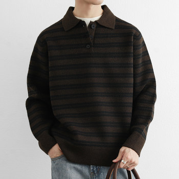 High-End Retro Sweater for Men with Polo Collar, Striped Color-Blocking Pullover Jacket for Men, Heavy Knit Base Layer for Autumn and Winter
