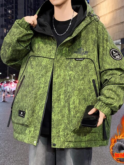 Thick velvet jacket for men, autumn and winter high-end tie-dye hooded jacket, warm clothing for male teenagers and students