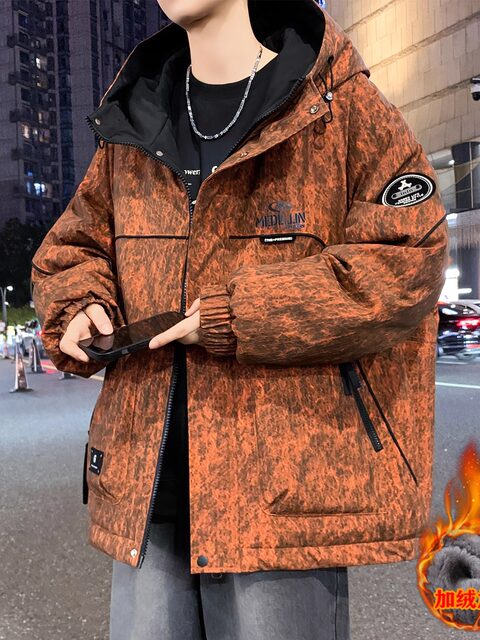 Thick velvet jacket for men, autumn and winter high-end tie-dye hooded jacket, warm clothing for male teenagers and students