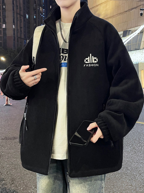Stand collar polar fleece jacket men's winter youth embroidered jacket men's thickened warm and cold-proof quilted clothes