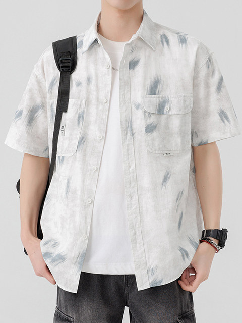 Tie-dye short-sleeved shirt for men, summer ice-like thin shirt, trendy youth gradient half-sleeved shirt jacket