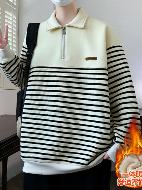 Fleece-Lined and Thickened Men's Striped Sweatshirt with a Turn-Down Collar, 2024 Autumn and Winter New Style, Half-Zip, Patchwork, Suitable for Layering or Wearing Alone