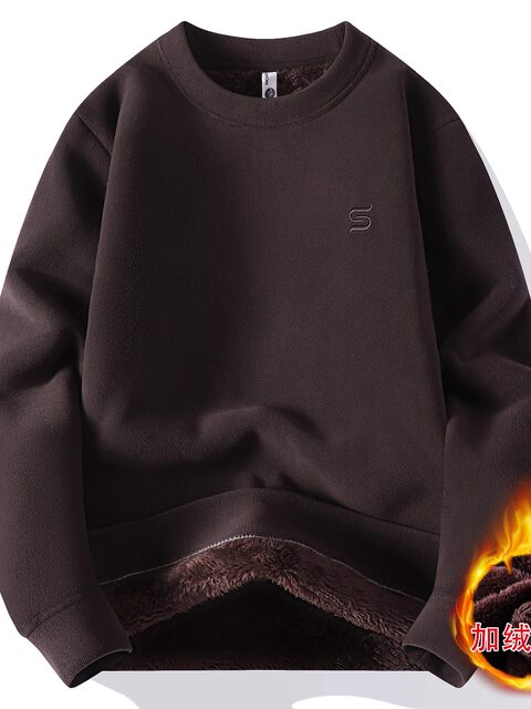 One-piece velvet men's sweatshirt winter 2025 new style plus velvet thick warm inner layer youth fleece bottoming shirt top