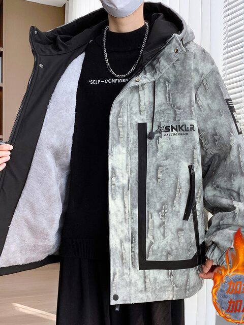 Fleece-Lined Thickened Jacket for Men, Autumn and Winter 2025 New Style, Trendy Tie-Dye Jacket for Teenagers, Men's Warm Parka