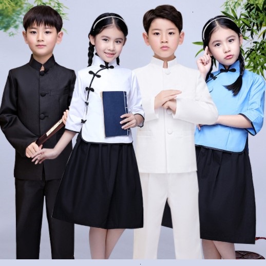 Chinese traditional Republic of China Wind and clothing Primary and middle school students large girl boy clothes for children to perform Zhongshan dress blue and white